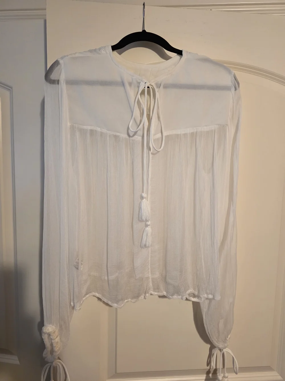 Free People Ivory Gauze Peasant Blouse with Tassels